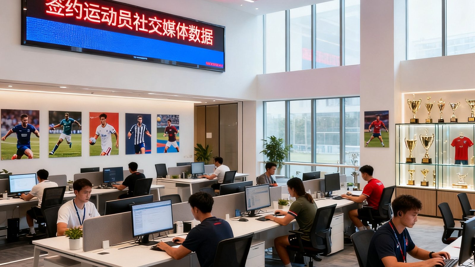 zoty体育北京总部开放式办公区全景画面，数十名员工在宽敞明亮的现代化工位上专注工作，墙面大型LED屏幕实时滚动显示签约运动员社交媒体数据，办公区装饰有运动元素海报和奖杯展示柜