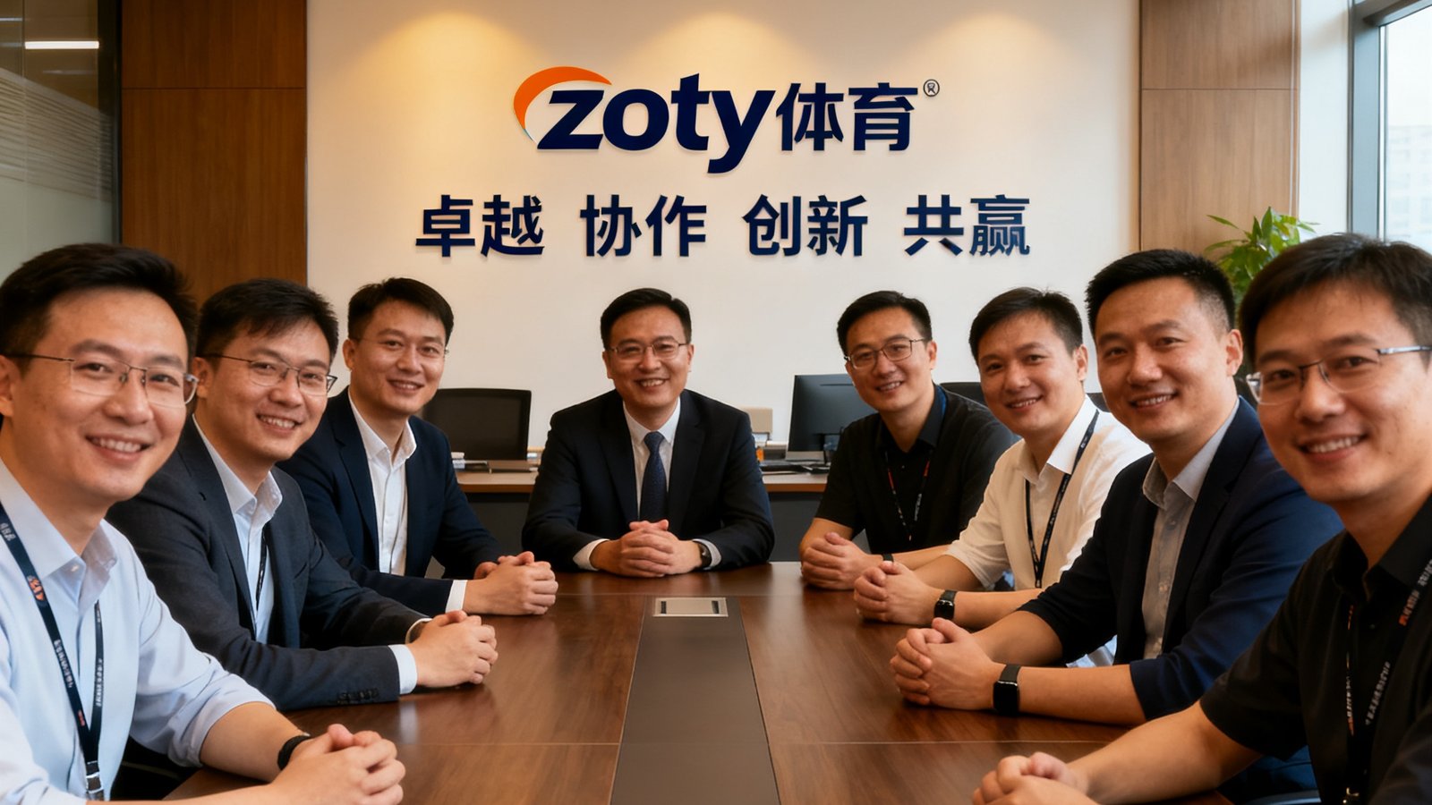zoty体育核心管理团队在年度战略会议上热烈讨论的合影，会议室背景墙上悬挂着公司品牌标识和价值观标语，团队成员表情专注充满信心