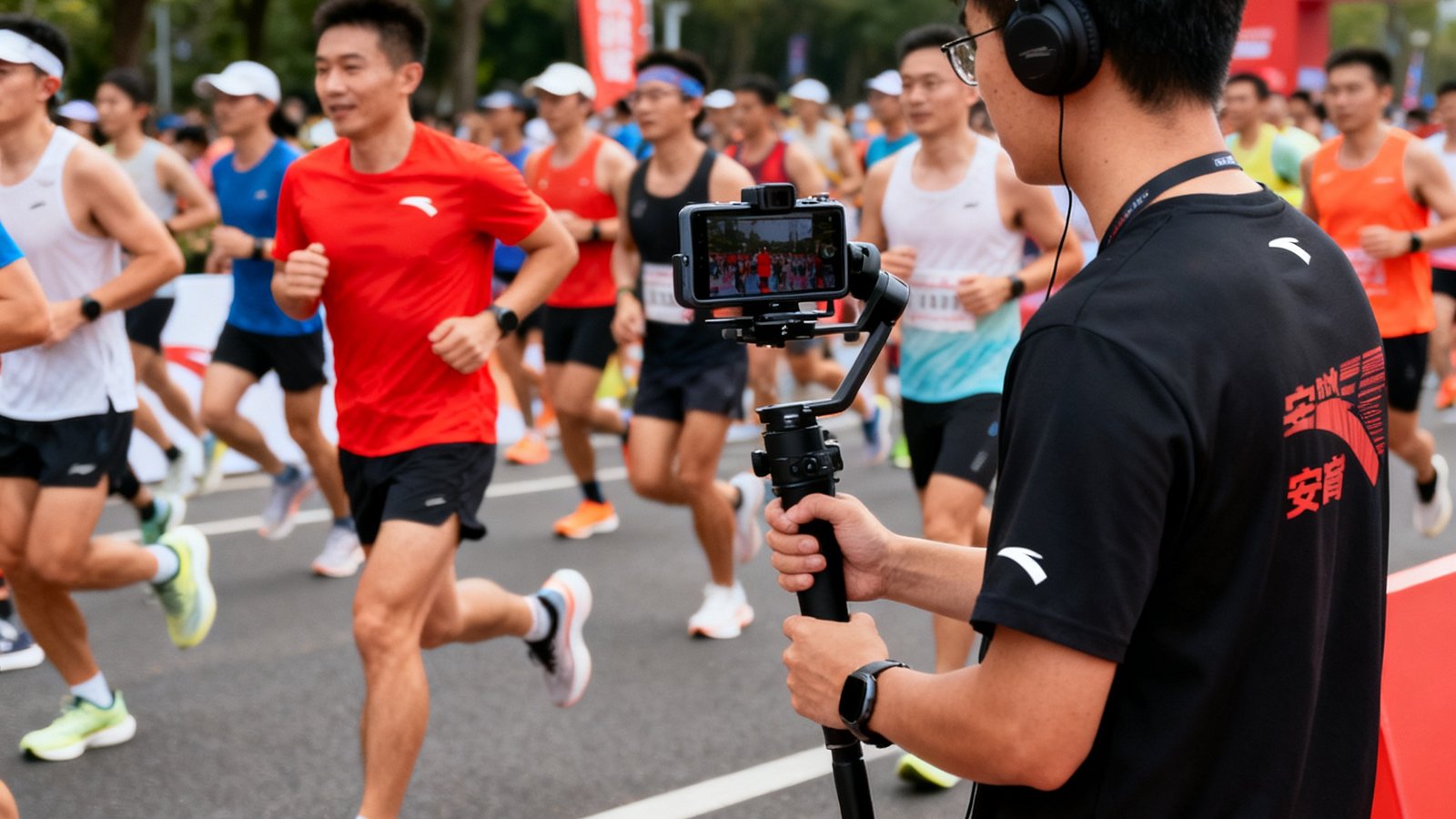 安踏'炽热心跳'跑步IP线下活动现场，众多跑步爱好者参与品牌体验活动，zoty体育团队在现场进行内容拍摄和直播