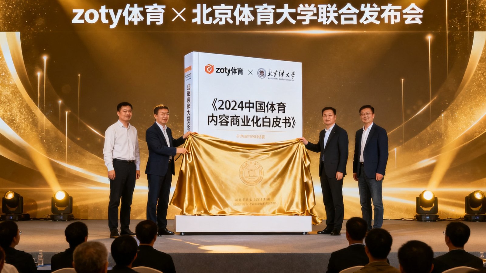 zoty体育与北京体育大学联合发布《2024中国体育内容商业化白皮书》的发布会现场，双方代表共同揭幕
