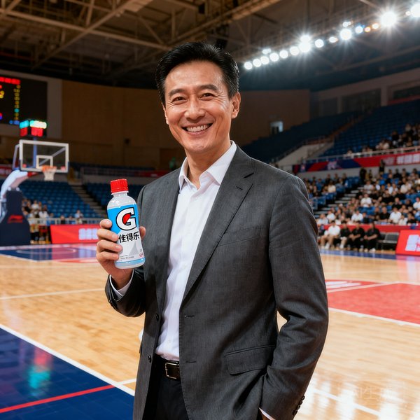 佳得乐中国区营销总监陈先生在品牌活动中的形象照，手持佳得乐产品面带自信微笑，背景为运动场馆